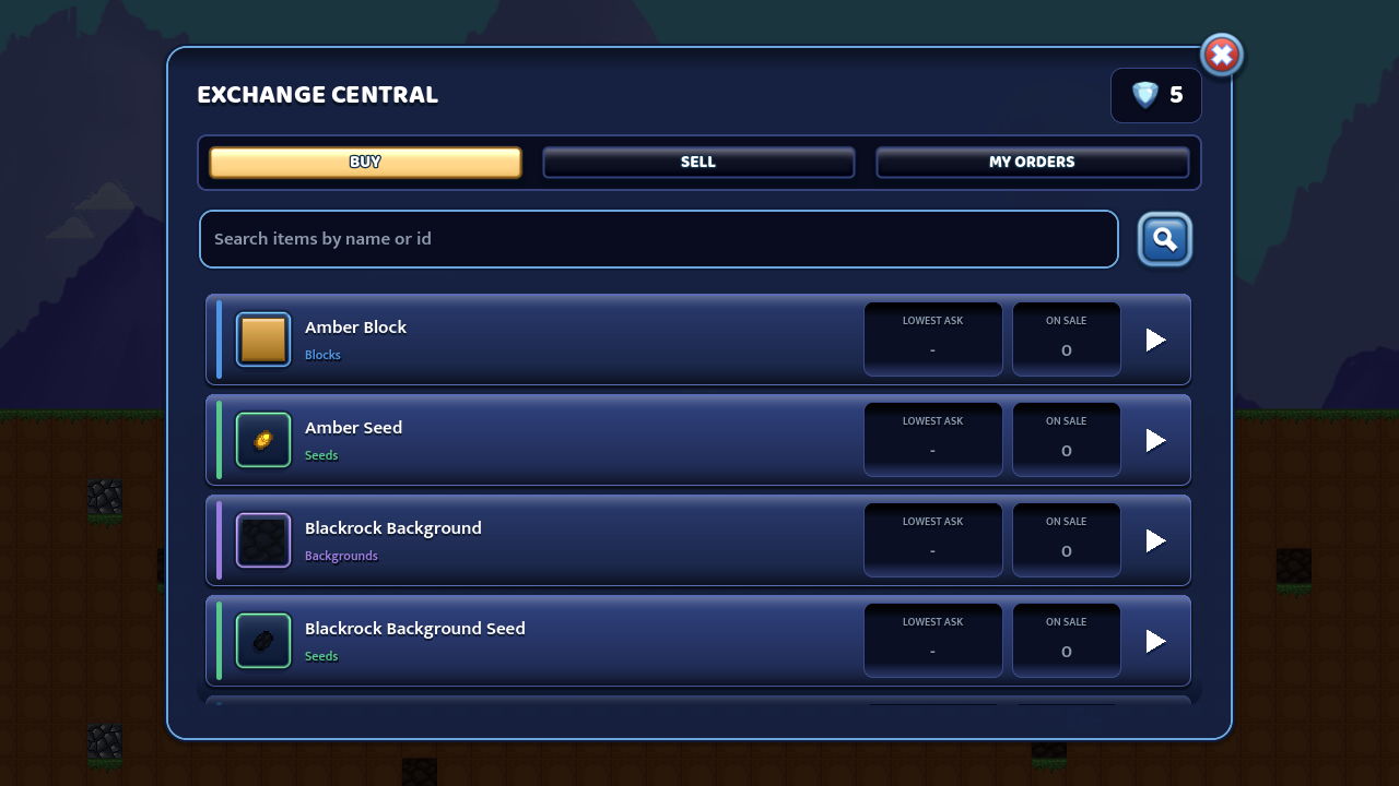 Exchange Central: the in-game order-book market listing items with lowest ask and quantity on sale