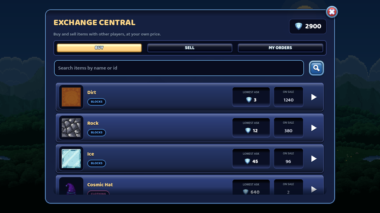Exchange Central: the in-game order-book market listing items with lowest ask and quantity on sale