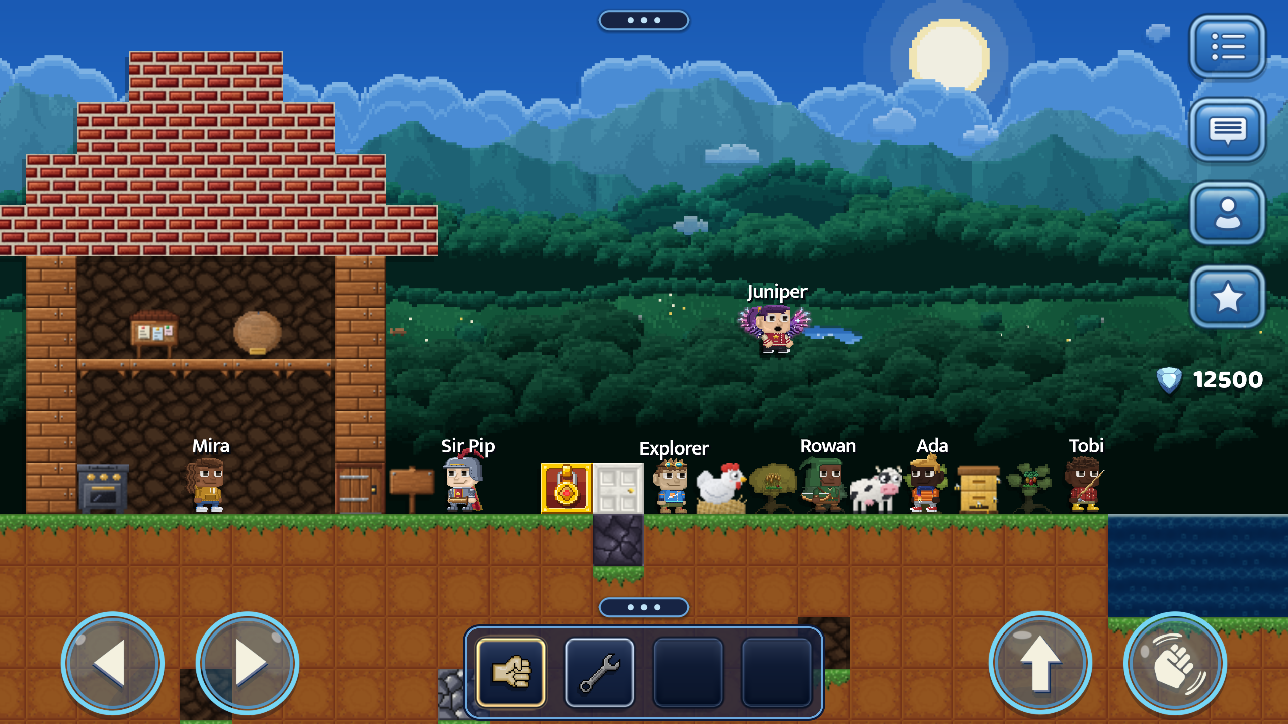A built-up planet in Shiplanet: a brick-roofed house, a farm with a cow, a chicken and a beehive, a pond, and six players